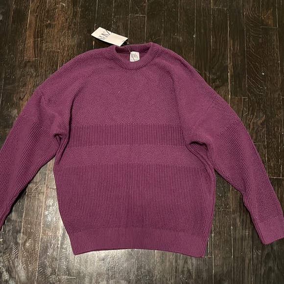 NWT New w/ Tag Men's Burgundy Maroon Zara Ribbed Crewneck Long Sleeve Sweater - Picture 2 of 8